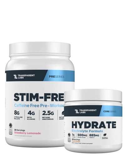 [BRSRE2YOCAMGOYLV] Transparent Labs Stim-Free Pre-Workout Powder (30 Servings, Strawberry Lemonade) & Hydrate Electrolytes Powder (40 Servings, Peach Mango)