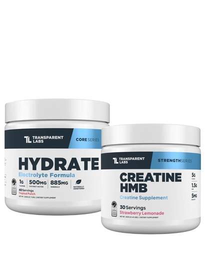 [BRSRE2YBO4NGG2A7] Transparent Labs Hydrate Electrolytes Powder (40 Servings, Tropical Punch) & Creatine HMB (30 Servings, Strawberry Lemonade)