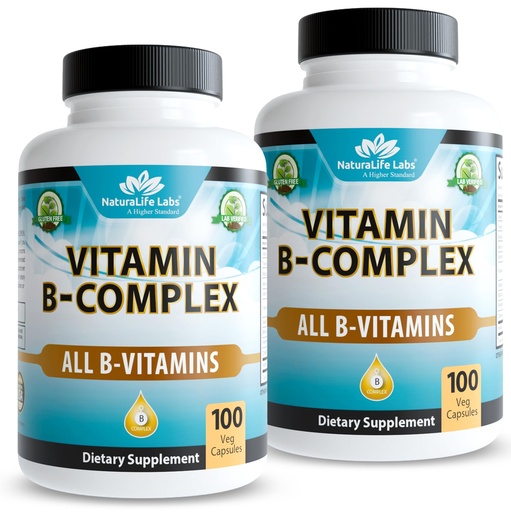 [BRSRGFABBEIGYEY3] NaturaLife Labs Vitamin B Complex – All B Vitamins Including Active B2, B6, B9 & B12 (Methylcobalamin), Plus B1, B3, B5, B7 & Vitamin C – 100 Capsules (2 Pack)