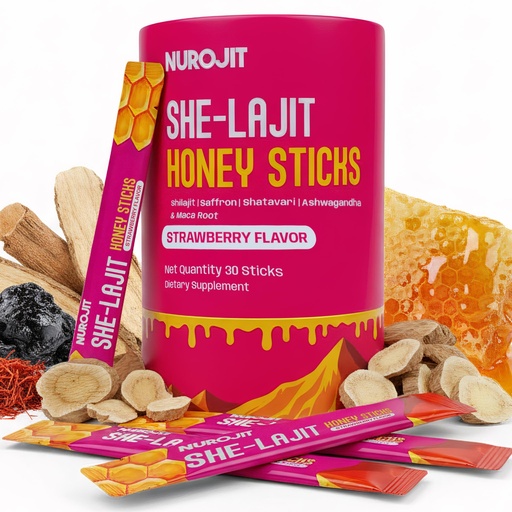 [BRSRGGQTCJYRQADK] Nurojit She-lajit Honey Sticks Shilajit, Honey, Shatavari, Saffron, Ashwagandha & Maca Root, Lab Tested & Vegetarian, Single-Serve Honey Sticks for Daily Routine, Strawberry Flavor (30 Sticks)