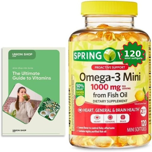 [BRSREGTQPIDQM23H] Spring Omega-3 Mini from Fish Oil 1000 mg, 120 Count, Dietary Supplement, Omega 3 Mini Softgels Bundle with Vitamin Guide (2 Items)