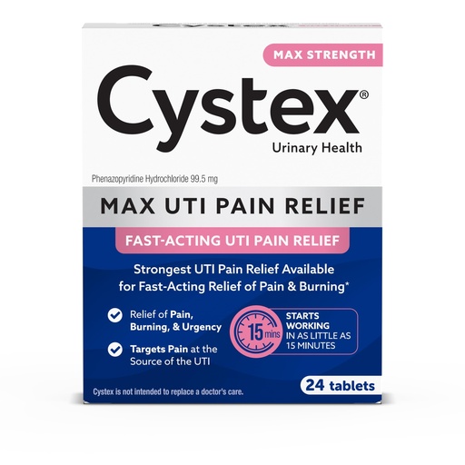 [BRSRA2QCOENB623J] Cystex Max-Strength UTI Pain Relief, 99.5 mg Phenazopyridine HCl, 24 Count | Fast-Acting Tablets for Urinary Burning, Urgency, & Bladder Discomfort, Non-Staining