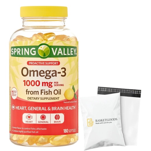 [BRSREEDQCMFRQ3Q3] Spring Valley Omega-3 Fish Oil Soft Gels, 1000 mg, 180 Count, Dietary Supplement, Omega-3 Fatty Acids - Set by Basket Goods