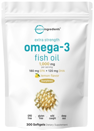 [BRSRAGL7PINBQAAU] Micro Ingredients Extra Strength Omega 3 Fish Oil Supplements 1,000mg Per Serving, 300 Softgels | Lemon Flavored | Burpless | EPA 180mg + DHA 120mg | Deep Sea Fish