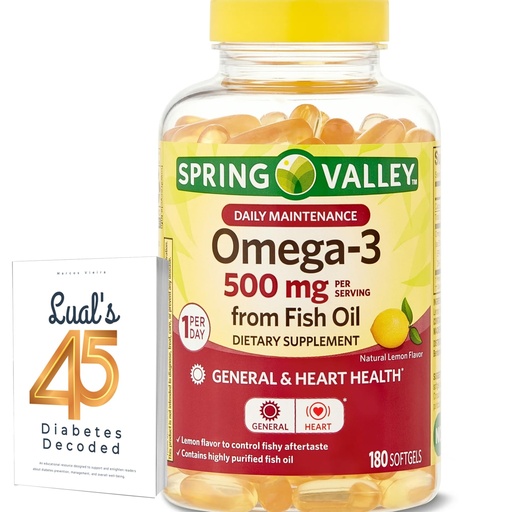 [BRSRMBL6BYARGC3P] Spring Valley Omega-3 500 mg, 180 Count, from Fish Oil, Omega 3 Dietary Supplements Bundle with Lual's 45 Diabetes Decoded