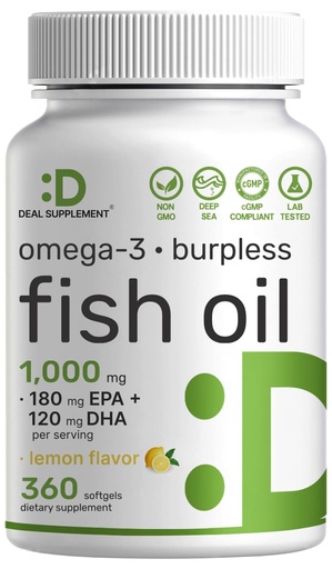 [BRSRG2T7C4ORAHLB] Omega-3 Fish Oil Burpless Formula from Wild Caught Deep Sea Fish, 360 Softgels | 1,000 mg Fish Oil with 180 mg EPA & 120 mg DHA per Serving | Natural Lemon Flavor | Non-GMO, cGMP Manufactured