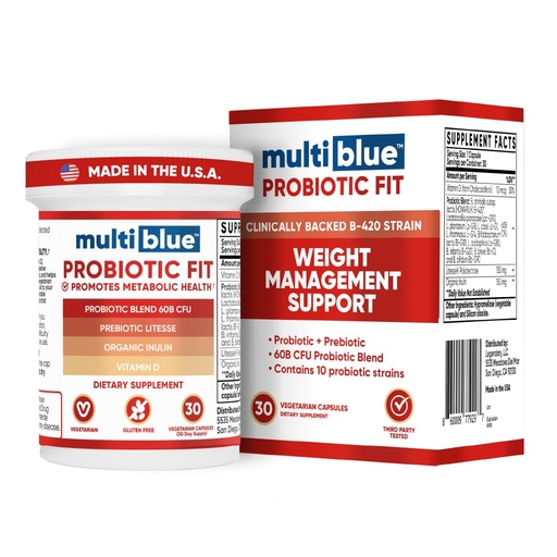 [BRSRAHDRORYWOCQ2] MultiBlue Probiotic Fit – Supports Natural GLP-1 & Appetite Control for Women & Men, Bifidobacterium B-420, Digestive & Gut Health, 10 Probiotic Strains, 60 Billion CFU, Prebiotic + Vitamin D3, 30ct