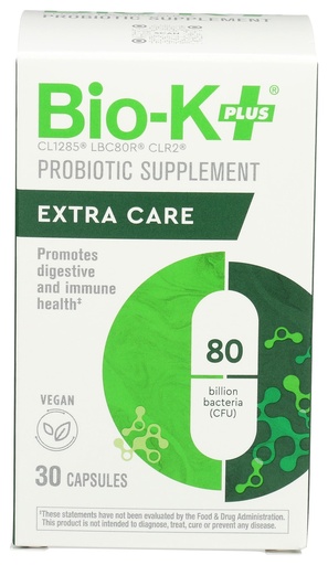 [BRSWYZYLOYBQED3J] Bio-K + Extra Care Probiotic Supplement Capsules for Adult Men and Women, 80 Billion Active Bacteria, Promotes Immune System Health - Vegan & Gluten-Free Delayed Release, 30 Capules/Box]