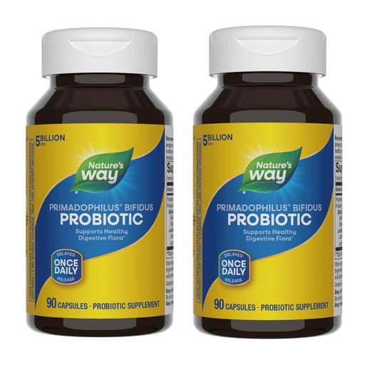 [BRSWGAIQB4IR4ADB] Nature's Way Primadophilus Bifidus Probiotic, Supports Digestive Flora*, 5 Billion Live Probiotic Cultures per Capsule, Lactobacilli, Bifidobacteria, 90 Capsules (Packaging May Vary) - 2 Pack