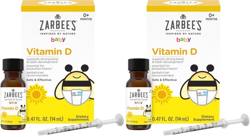 [BRSREYINCAGQAC3Z] Zarbee's Vitamin D Drops for Infants,400IU (10mcg) Baby & Toddler Liquid Supplement,Newborn & Up,Dropper Syringe Included,0.47 Fl Oz,(Pack of 2)