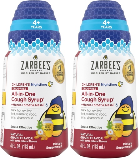 [BRSROYYOAUJWO2DO] Zarbee's Kids All-in-One Nighttime Cough for Children 6-12 with Dark Honey, Turmeric, B-Vitamins & Zinc, 1 Pediatrician Recommended, Drug & Alcohol-Free, Grape Flavor, 4FL Oz (Pack of 2)