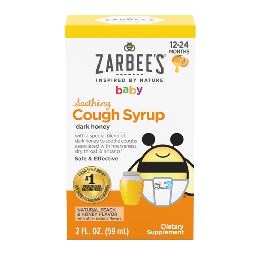 [BRSW2ZT4PJ7RA3YV] Zarbee's Baby Soothing Honey Cough Syrup for Babies 12-24 Months, Safe & Effective Cough Syrup with Soothing Dark Honey for Occasional Coughs, Drug & Alcohol-Free, Peach & Honey, 2 fl. oz