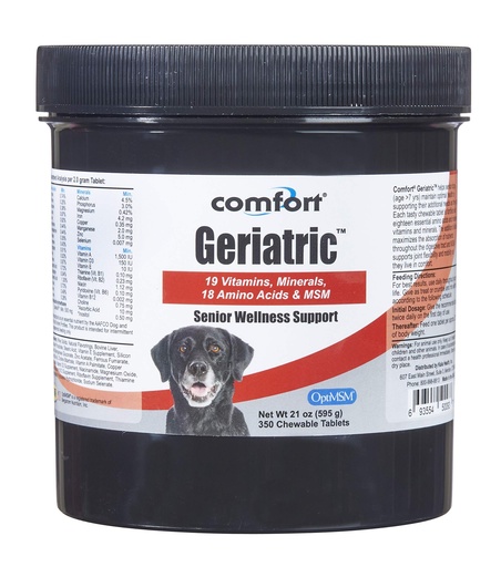 [BRSWY2QHAAFWOCL4] COMFORT Geriatric Supplement for Dogs, 350 Count, Contains MSM, Superoxide Dismutase, Ester-C, 19 Vitamins and Minerals & 18 Amino Acids, Made in The USA