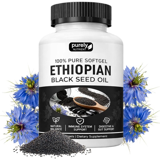 [BRSRGBQEAF6WYYDL] Purely Nutrient Ethiopian Black Seed Oil, Purely Ethiopian Black Seed Oil Capsules 4.64% Thymoquinone, Organic Cold Pressed Black Cumin Seed Oil Softgels, Non-GMO, Gluten-Free, 60 Softgels