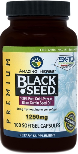 [BRSWYHQZOB6RS3LK] Amazing Herbs Black Seed Oil Pills 1250mg, 100 Softgel Capsules - Cold-Pressed | Non GMO
