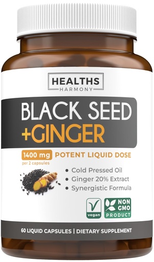 [BRSRABQ7AQMAECTP] Cold-Pressed Black Seed Oil Capsules - Vegan Non-GMO Nigella Sativa Black Seed Oil Supplement with Ginger Extract for Wellness & Digestive Health Support - Gingerol & Thymoquinone-Rich (1 Month)