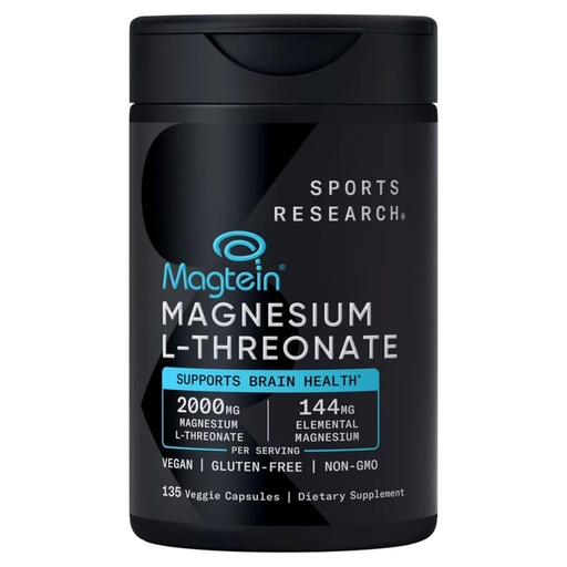 [BRSRABQLOAFAAYLB] SPORTS RESEARCH Magtein Magnesium L- Threonate Advanced (2000 MG Magnesium L-Threonate 144 MG Elemental Magnesium Per Serving) 135 Veggie CapsulesPlus Bonus 2 Sugar Free White Peach Hydration Sticks