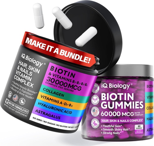 [BRSRAHAYCIJQA3DL] Biotin Hair Growth Bundle - Biotin Vitamins & Keratin Capsules + Hair Gummies with Collagen & Astragalus - Hair Skin Nails Vitamins for Women & Men | 60 Caps + 60 Gummies