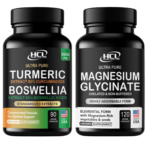 [BRSRGAYDCQNA2FIV] Turmeric Boswellia Extract Supplement 2000 mg + Pure Magnesium Glycinate Capsules - Non-Buffered 350mg Elemental Magnesium Supplement