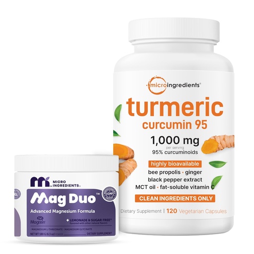 [BRSRGCQODIIBSALL] Micro Ingredients Mag Duo Magtein Magnesium L‑Threonate Powder & Turmeric Curcumin Capsules 2 Pack Bundle | with Magnesium Glycinate for Calm, Sleep & Focus Support | 95% Curcuminoids