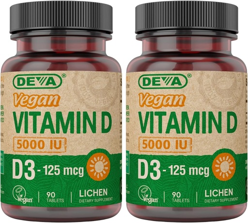 [BRSROA3RCR7RYAD3] DEVA 维生素 D35000 IU,阳光补充剂,125 mcg of Vegan D3,90-Count Bottle (Pack of 2)