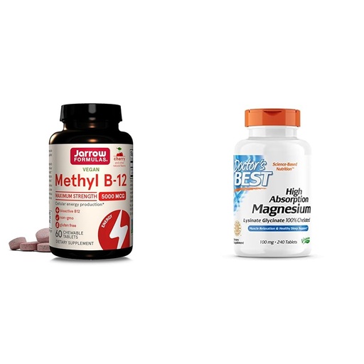 [BRSROBQFCAHA4HLK] Jarrow Formulas Maximum Strength Methyl B-12 5000 mcg, Dietary Supplement & Doctor's Best High Absorption Magnesium Glycinate Lysinate, 100% Chelated, Non-GMO, Vegan