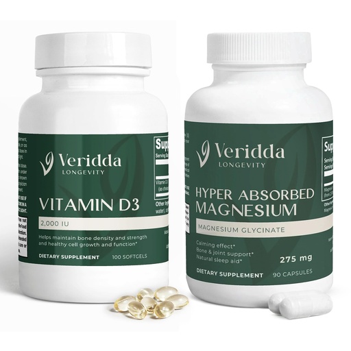 [BRSRGFIDBYGQEFIY] Immunity & Inflammation Defense Duo-Vitamin D3 2000 IU Softgels, Bone & Immune Support,100 Softgels and Hyper Absorbed Magnesium Glycinate 275 mg, Natural Sleep Aid, 90 Capsules