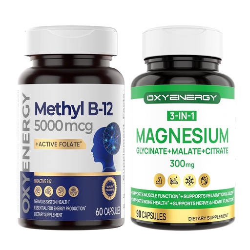[BRSRGGIPAV7BQD3K] OxyEnergy Methyl Vitamin B12 5000mcg, Extra Strength Methylcobalamin B-12 Supplements with Folate & Triple Magnesium Complex Supplement, 3 in 1 Chelated Magnesium Capsules 300mg with Glycinate Malate