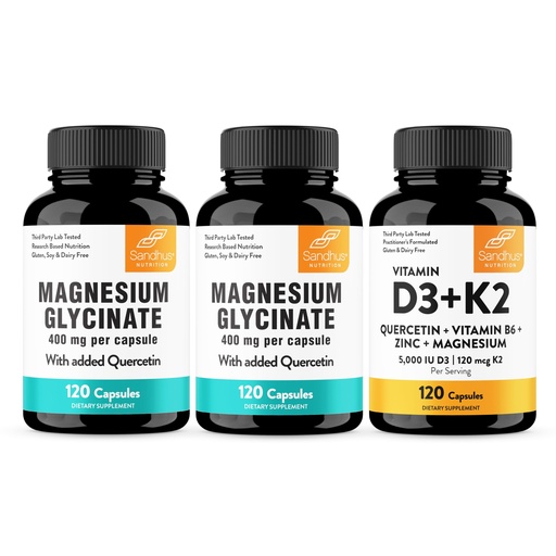 [BRSREZL5BNYQGG3U] Sandhu's Magnesium Glycinate & Vitamin D3 K2 with Quercetin Capsules | Supports Quality Sleep, Relaxation, Immune, Muscle Health & Energy