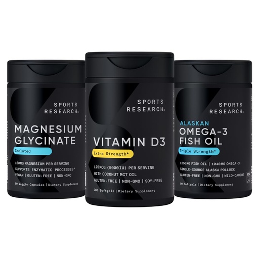 [BRSRGBIEDNYGYGQU] Sports Research® Multivitamin Pack - High Potency Vitamin D3 5000 IU (360 Liquid Softgels), Magnesium Glycinate 160mg (90 Capsules), and Alaskan Omega-3 Fish Oil 1250mg (90 Softgels)