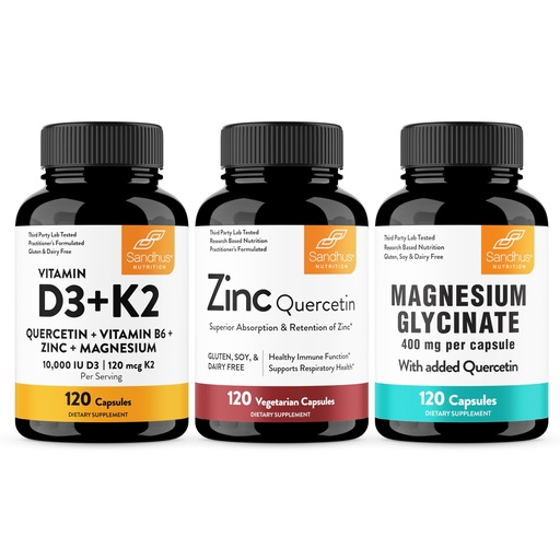 [BRSRGGAPCMIQE3Q4] Sandhu's Vitamin D3 K2 10000 IU Bundle with Zinc Quercetin & Magnesium Glycinate Capsules (120 Count Each) | for Men & Women