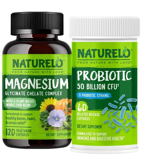 [BRSRGA34BUGR43A7] NATURELO Probiotics for Digestive Health - 60 Vegetarian Capsules and Magnesium Glycinate Chelate Complex - 120 Capsules Bundle