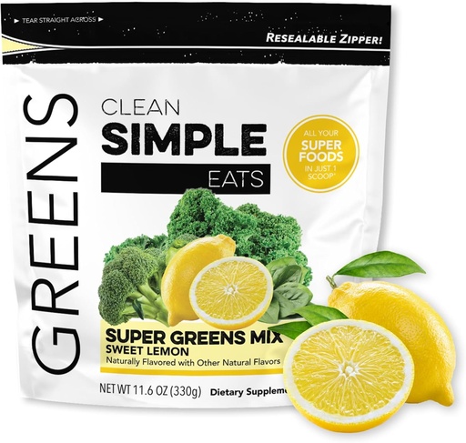 [BRSROAIYBYJROE3L] Clean Simple Eats Super Greens Powder, Naturally Flavored Greens Powder with Chlorella, Spirulina, Superfoods & Prebiotic Fiber, No Artificial Ingredients, Gluten Free, Sweet Lemon Flavor, 30 Servings