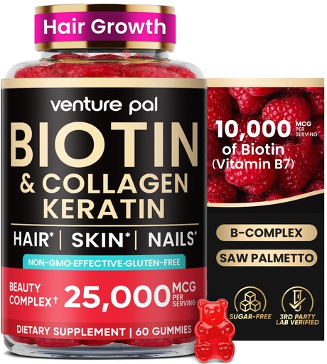 [BRSRAGA3AV5RUCIU] Venture Pal Biotin Gummies with Collagen & Keratin - Hair Growth Support Skin and Nail Strength Vitamins for Women & Men - Biotin 10000mcg | B-Complex | Saw Palmetto - Sugar Free, Non-GMO, 60ct