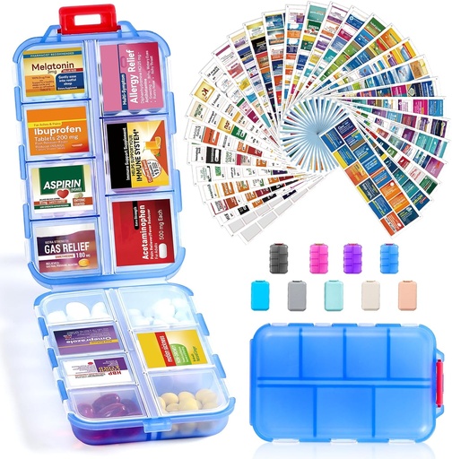 [BRSRA23YAUCROYA2] 14 Grids Travel Pill Organizer Box with 415-Pcs Medicine Name Labels - Pocket Daily Farmazia Case Edukiontzi Kit - Travel Medication Holder Dispenser for Fish Oil Vitamin Storage -Clear Blue