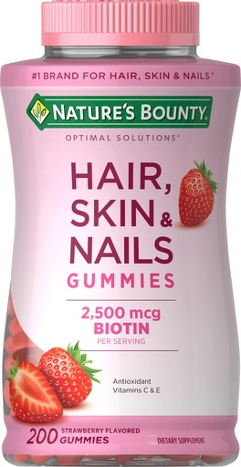 [BRSWGCT4OQNROHIV] Nature's Bounty Optimal Solutions Hair, Skin and Nails Gummies with Biotin, 2500 mcg, Strawberry Flavored, 200 Count, 100 Total Servings