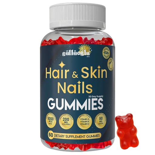 [BRSREHA6DEBRACQ4] SINCE 1871 GÜLLÜOGLU Hair, Skin & Nails Gummies – Biotin 5000 mcg, Collagen 200 mg & Keratin 50 mg – with MSM, Bamboo & Vitamins A, C, D, E – Gluten-Free, Non-GMO, 60 Berry Gummies