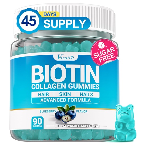 [BRSRGZQFCQFBSGY6] Biotin Gummies 15,000 mcg with Collagen & Keratin – 13-in-1 Hair Skin & Nails Gummies for Women & Men, Hair Growth, Sugar Free Non-GMO, Blueberry, 90 Count