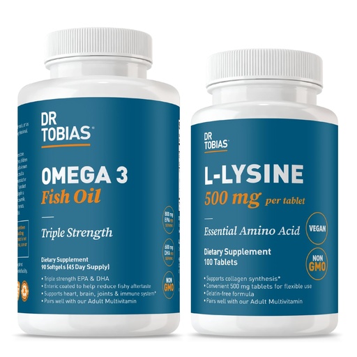 [BRSRGYAEC54GYYL2] Dr. Tobias Omega 3 Fish Oil 2000 mg + L‑Lysine 500 mg Tablets – Triple Strength EPA/DHA for Heart & Brain Support with Essential Amino Acid for Collagen & Skin Health