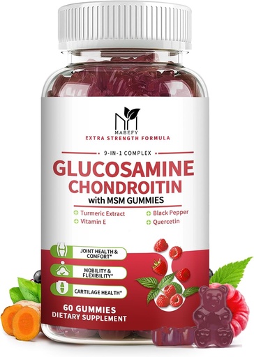 [BRSRAAITCUNGKHTU] Glucosamine Chondroitin Gummies Triple Strength (1,000mg Glucosamine,750mg Chondroitin) with MSM, Turmeric, Quercetin, Vitamin E, Joint Support Supplement, Antioxidant 60 Gummies Raspberry Flavor