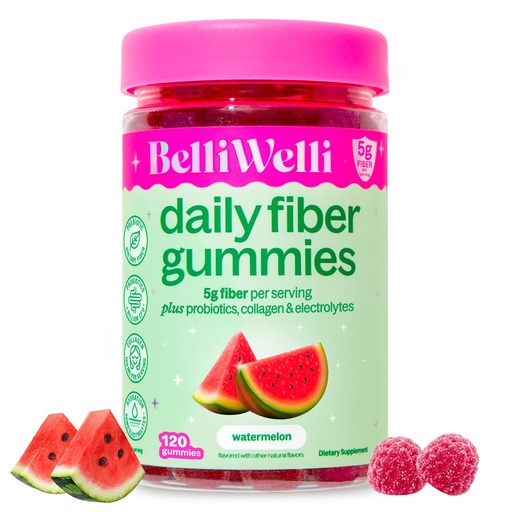 [BRSRGZL6CACAM2QY] Belli Welli Fiber 4-in-1 Fiber Gummies Supplement with Added Probiotics, Collagen and Electrolytes for Regularity and Bloat Relief, Watermelon, 120 Count