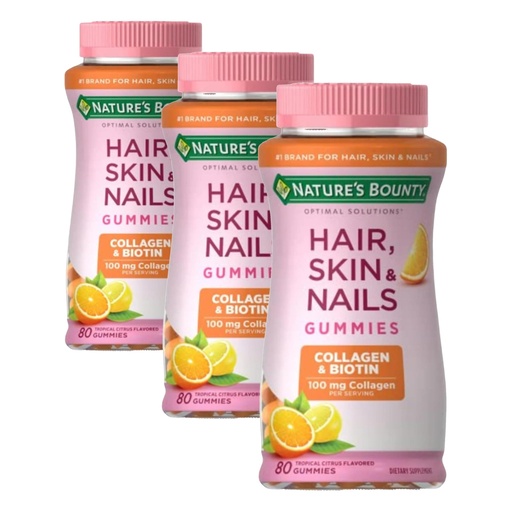[BRSRGFT6DIBQKHI3] Nature's Bounty Optimal Solutions Hair, Skin & Nails with Biotin and Collagen, Citrus-Flavored Gummies Vitamin Supplement, 2500 mcg, 80 Ct, 40 Total Servings (Pack of 3)
