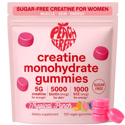 [BRSREHDRA55QKC3V] Peach Perfect Creatine Gummies for Women – Micronized Creatine Monohydrate with Biotin & Vitamin B12 for Glute Strength Support, Boosts Energy, Focus, Strength, and Endurance – Tropical Punch, 30 SVG