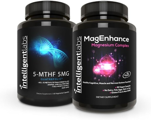 [BRSROHYYA4FRGG3L] Intelligent Labs 2-in-1 Bundle of MagEnhance Supplement (mit Magnesium L-Threonat, Glycinate & Taurate) und 5MG 5-MTHF Methylfolat als Quatrefolic Acid® (MTHFR-Ergänzung für Methylierungsunterstützung)