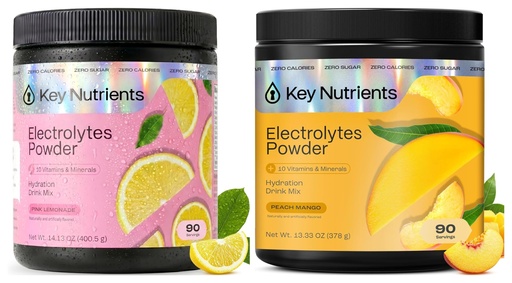 [BRSRAGIQOANRGC3Z] KEY NUTRIENTS Electrolytes Powder Bundle, Fresh Pink Lemonade 90 Servings Jar + Peach Mango 90 Servings Jar, Sugar Free Hydration Drink Mix with Vitamins & Minerals, No Calories