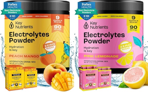 [BRSRAGIQOANRGC3Z] KEY NUTRIENTS Ultimate Hydration & Recovery Electrolyte Bundle – Tropical Peach Mango & Fresh Pink Lemonade, Sugar-Free, 90 Servings Each