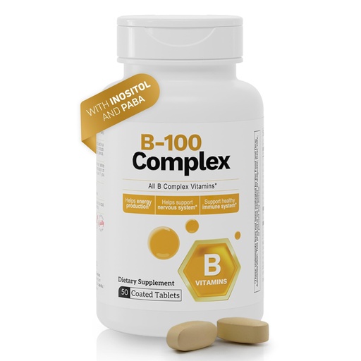 [BRSREYA5CMBQG3Q2] B-100 Complex Vitamins – High Potency B-Complex with B1 B2 B3 B6 B12, Biotin & Folate – Energy Metabolism & Nervous System Support – 50 Tablets