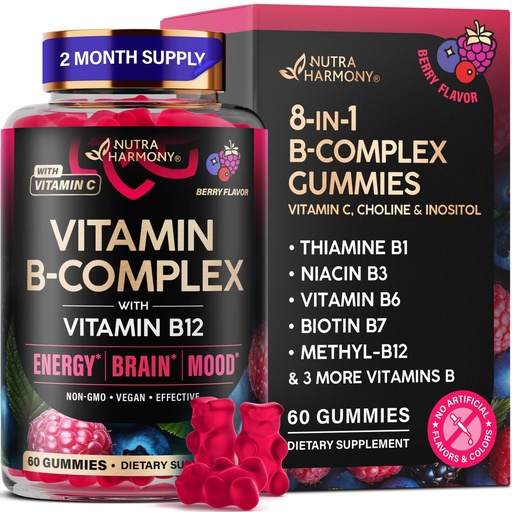 [BRSREYYKDEPR62T7] Vitamin B-Complex Gummies for Women & Men - Vitamin B12, B1, B2, B3, B5, B6, B7 & B9 - B Complex with Vitamin C & Choline - Energy, Brain & Mood - Natural Berry Flavor, Vegan - 60 Gummies for 2 Months