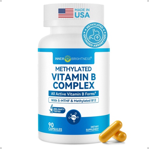 [BRSRGGI2CUNB62T5] Inner Brightness Vitamin B Complex - Fully Methylated Active B12, B6, Folate - for Energy, Focus, Mood & Nerve Health - Non-GMO Vegan Gluten-Free with B1, B2, B3, B5, B7-90 Capsules for 3 Months
