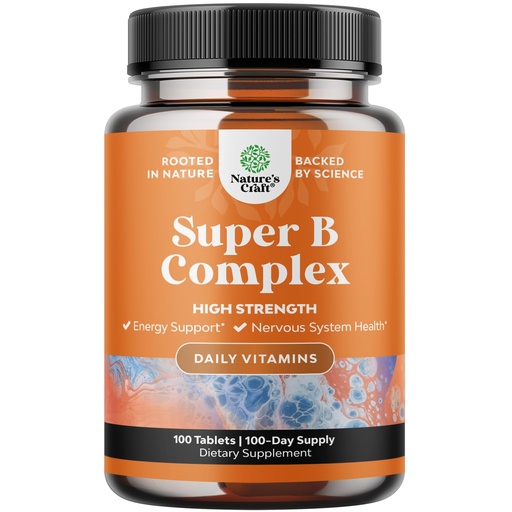 [BRSWY2Y5DIHAY2TB] Super Vitamin B Complex for Women & Men - B Vitamins Complex with Thiamin, Riboflavin, Niacin, 6, 12 and Folate - Blend Supplement for Nervous System Support Energy & High Strength - 100 Tablets